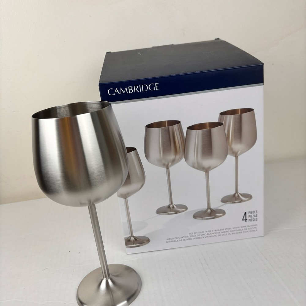 CAMBRIDGE stainless steel set of 4-18oz white wine glasses/silver tone-NIB